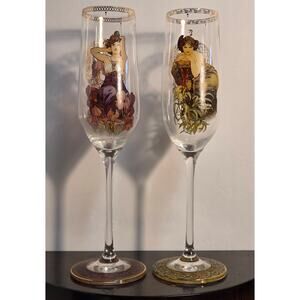 Goebel Art Nouveau Champagne Flutes Two Complementary Lady Iris Gold Trim 1990s
